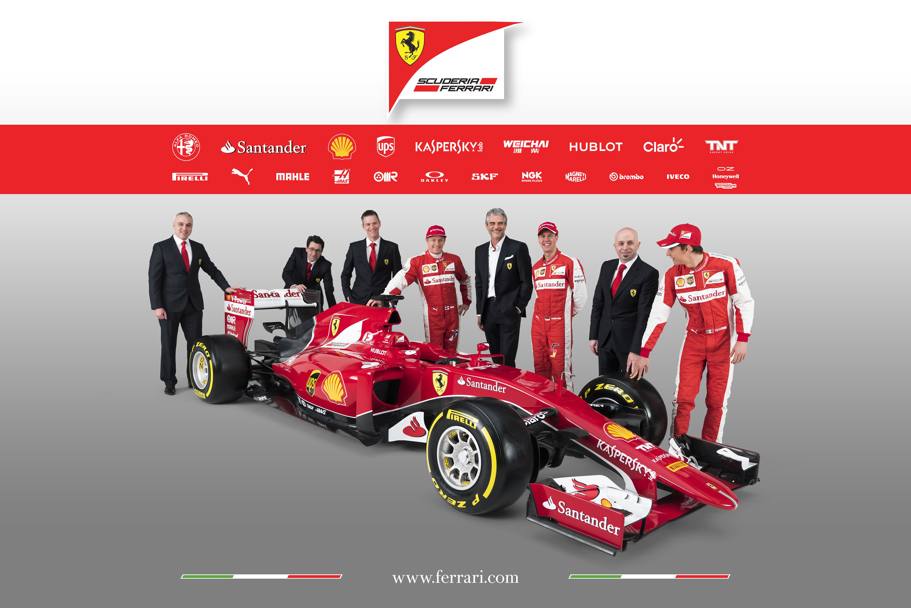 Da sinistra a destra Corrado Lanzone, Mattia Binotto, James Allison, Kimi Raikkonen, Maurizio Arrivabene, Sebastian Vettel, Simone Resta ed Esteban Gutierrez. Colombo